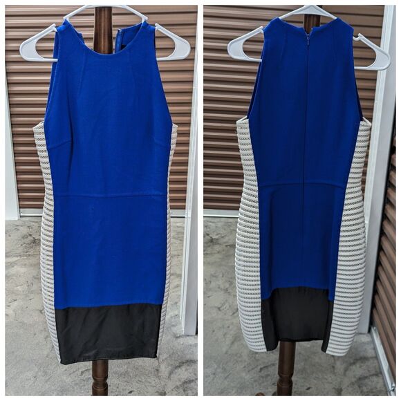 Carmen Marc Valvo Couture Size 6 Blue Colorblock Bodycon Dress Silk Wool Leather - Picture 1 of 9